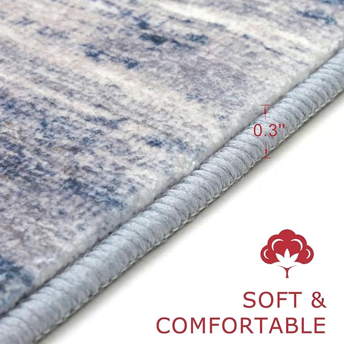 KOZYFLY Modern Abstract Area Rugs 2PCS 2x3 and 2x6 Blue-Grey Machine Washable Runner Rug Non-Slip Living Room Rug, Faux Wool Soft Low Pile Office Carpet for Hallway Entryway Bathroom Bedroom