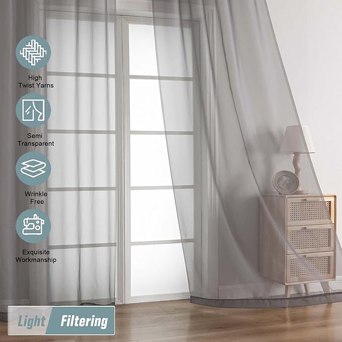 Grey Sheer Curtains 90 Inches Long 2 Panels, Light Filtering Solid Sheer Curtains for Bedroom Living Room, Lightweight Soft Airy Sheer Drapes, Dual Rod Pocket, Charcoal Grey, 2x42Wx90L Inches