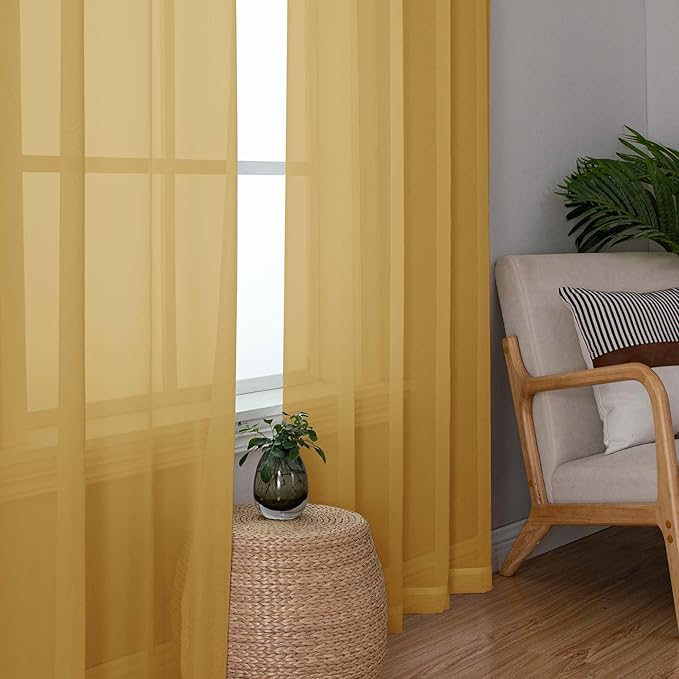Chyhomenyc Gold Sheer Curtains 84 inches Long 2 Panels Set - Light Filtering Curtains for Living Room, Soft Gentle Voile Rod Pocket Bedroom Window Drapes, 42Wx84L Inch, 2PCS