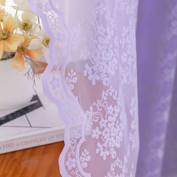 YJ YANJUN Vintage Lace Curtains 96 Inches Long-Victorian Floral Pattern Lavender Sheer Curtain Panels for Living Room Bedroom,Light Filtering, Romantic Girly Drapes 2 Panels 52W x 96L Light Purple