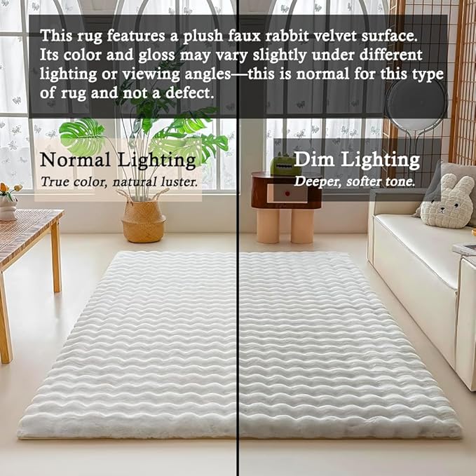 White Rabbit Plush Rug 5'x8', Fluffy Faux Fur Shaggy Area Rug for Nursery, Kids Room Decor, Soft Fuzzy Carpet for Living Room, Bedroom, Teen Girls Room