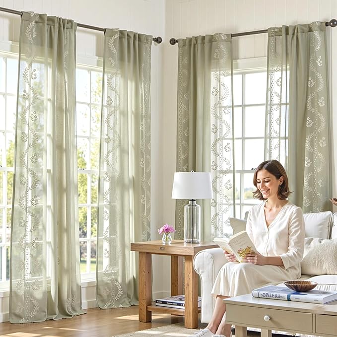 jinchan Belrose Sage Green Floral Sheer Curtains for Bedroom 63 Inch Long Voile Embroidered Farmhouse Curtains for Living Room Ivory Flower Patterned Rod Pocket Window Treatments, 2 Panels Green