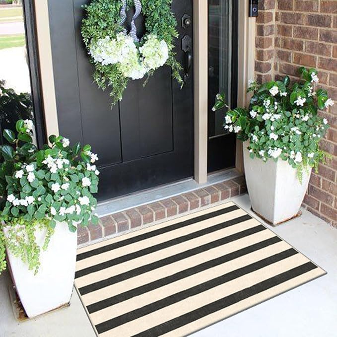 Black and White Striped Outdoor Rug - 2x3 Non-Slip Front Door Mat Outside Entrance Washable Doormat Indoor Outdoor Entry Rug Small Layered Rugs for Entryway Kitchen Front Porch Decor