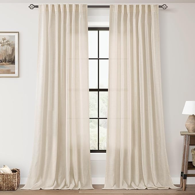 Apricot Linen Curtain 102 inch Length 2 Panels Set Back Tab Light Filtering Living Room Curtain Drapes Home Office Modern Minimalist Decor Farmhouse Boho Neutral Cream Semi Sheer Curtain 102 inch Long