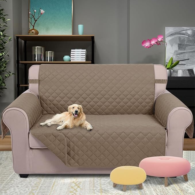 U-NICE HOME Loveseat Sofa Cover Reversible Couch Cover for Dogs with Elastic Straps Water Resistant Furniture Protector for Pets Couch Cover for 2 Cushion Couch (Loveseat, Taupe/Taupe)
