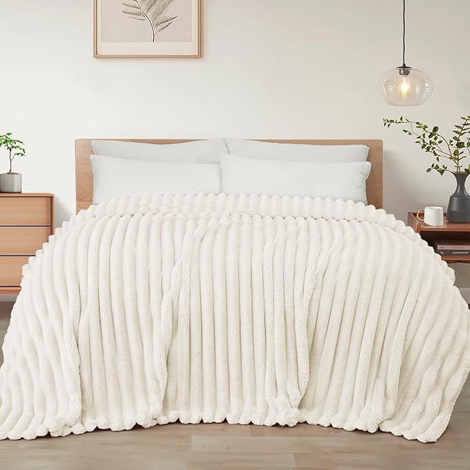 Exclusivo Mezcla Queen Size Flannel Fleece Blanket, Super Soft Striped Jacquard Bed Blanket, Lightweight Fuzzy Cozy for All Seasons, 90x90 Inches, Ivory