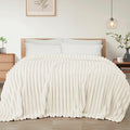 Exclusivo Mezcla King Size Flannel Fleece Blanket, Super Soft Striped Jacquard Bed Blanket, Lightweight Fuzzy Cozy for All Seasons, 90x104 Inches, Ivory
