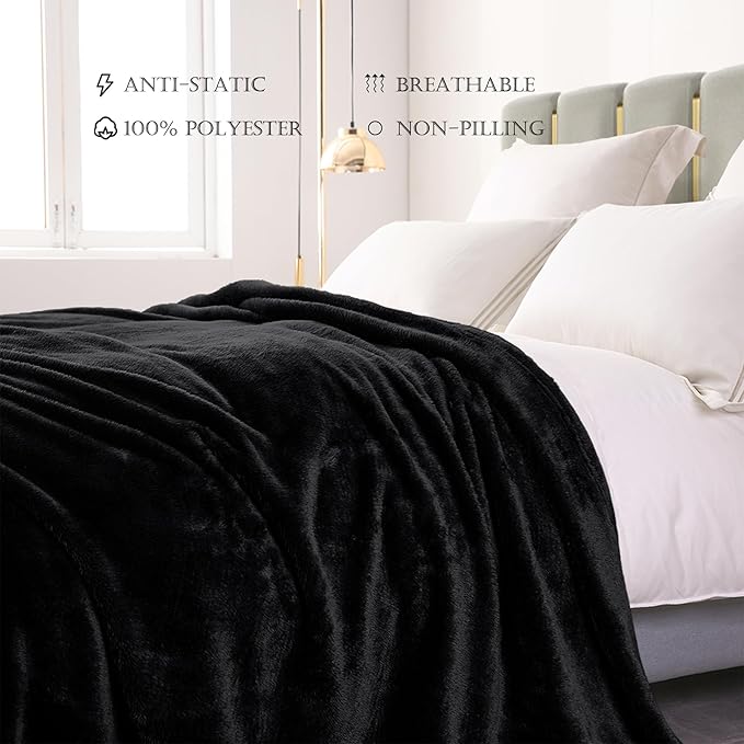 Exclusivo Mezcla Plush Fuzzy Fleece Bed Blanket Twin Size, Super Soft, Fluffy and Warm Blankets for Couch, Bed, All Season (Black, 90x66 inches)