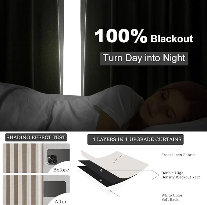 Topfinel Custom Drapery 92 Inch Long Blackout 2 Panels Neutral Linen Blackout Curtains, Sun Blocking Tab Top Curtains Room Divider, Internet Famous Textured Linen Curtains 52" X 92"