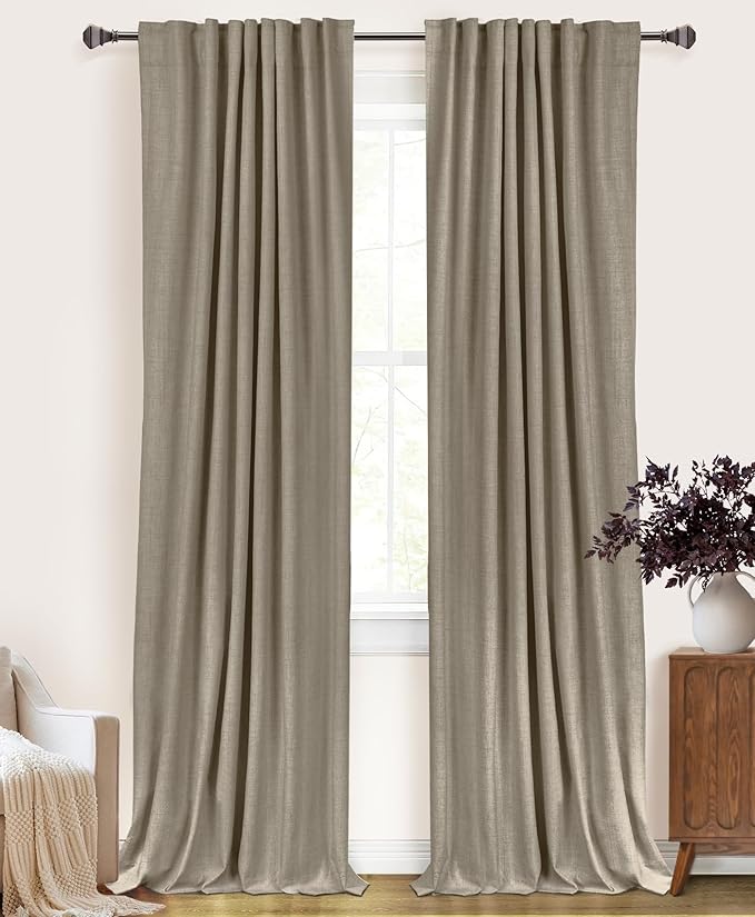 100% Blackout Shield Linen Blackout Curtains for Bedroom 63 Inches Long, Back Tab/Rod Pocket Living Room Drapes, Thermal Insulated Blackout Curtains 2 Panels Set, 50" W x 63" L, Faux Linen