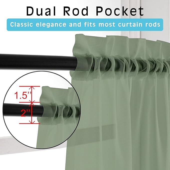 OVZME Sage Green Sheer Curtains 36 inches Long, Short Kitchen Window Treatment Solid Sheers Cafe Curtains Bathroom Voile Half Window Panels, Rod Pocket, 42" Wx36 L