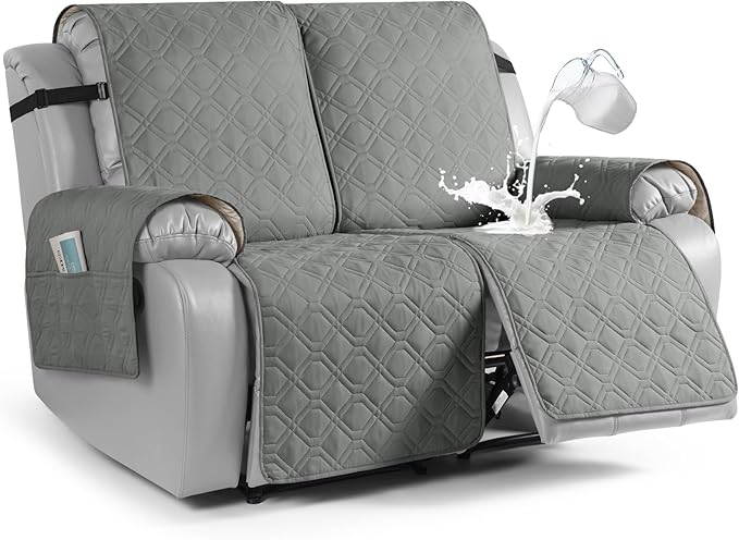 VANSOFY Waterproof Recliner Couch Covers, Sofa Covers 1-Piece Washable Reclining Sofa Cover Non-Slip Furniture Protector with Elastic Straps Pocket for Dogs, Pets(Gray,2 Seater)