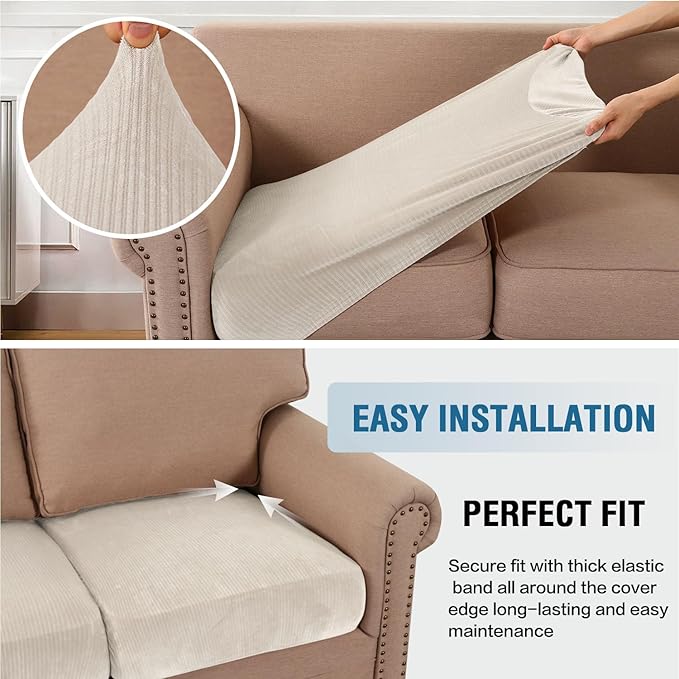 H.VERSAILTEX Velvet Stretch Couch Cushion Cover Plush Cushion Slipcover for Chair Cushion Furniture Protector Seat Cushion Sofa Cover (1 Piece Armchair Cushion Covers, Ivory Striped)