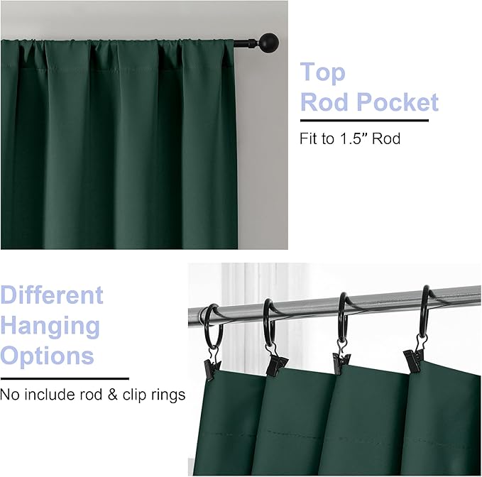 Simplebrand Ava Ever Green Blackout Curtains for Bedroom, 72 Inch Length, 2 Panels Set, Thermal Insulated, Rod Pocket, Window Curtains for Patio, French Door, W40 x L72 Inch