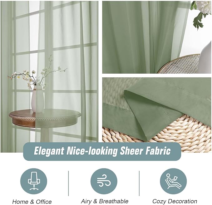 Sage Green Sheer Curtains 90 Inches Long 2 Panels, Light Filtering Solid Sheer Curtains for Bedroom Living Room, Lightweight Soft Airy Voile Sheer Drapes, Dual Rod Pocket, 2x42Wx90L Inches