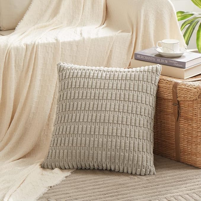 Fancy Homi 4 Packs Taupe Decorative Throw Pillow Covers 24x24 Inch for Living Room Couch Bed, Rustic Modern Farmhouse Boho Home Decor, Soft Plush Corduroy Cute Square Accent Cushion Case 60x60 cm