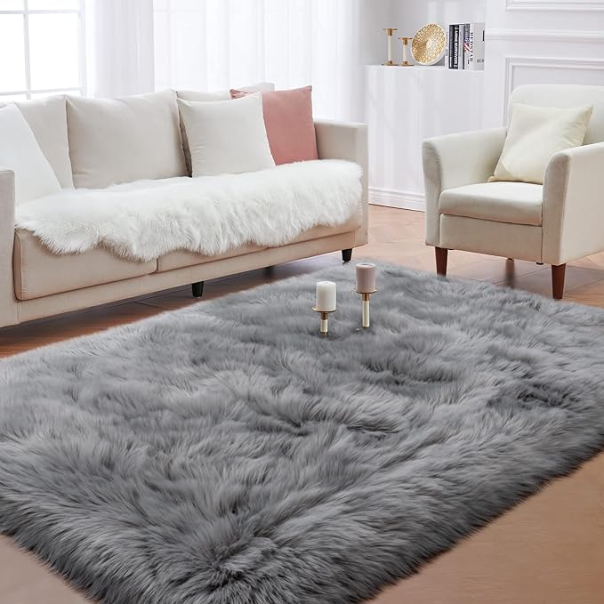 Fluffy Area Rug, Grey Faux Fur Rug for Bedroom 3'x5', Soft Shag Fuzzy Rugs for Living Room, Gray Furry Bedside Nursery Rug Plush Indoor Floor Carpet for Kids Room Teen Dorm,Home Decor Aesthetic