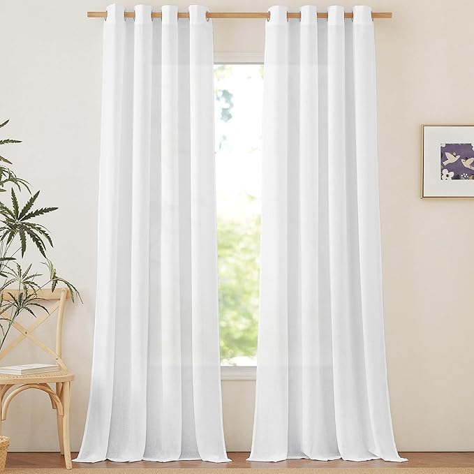 NICETOWN Linen Flax Semi Sheer Curtains 94" Length, Grommet Window Treatments Privacy Added with Light Penetration Vertical Drapes for Loft/Home Office, White, W55 x L94, 2 Panels