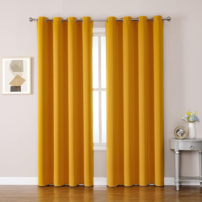 ChrisDowa Grommet Room Darkening Curtains for Bedroom and Living Room - 2 Panels Set Thermal Insulated Blackout Curtains (Mustard Yellow, 52W x 84L)