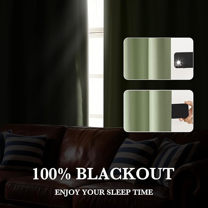 RYB HOME 100% Blackout Short Curtains for Small Window, Thermal Insulated Total Room Darkening Noise Reducing Curtains for Kitchen Bathroom Basement, 34 inches Wide by 45 inches Long, Sage Green