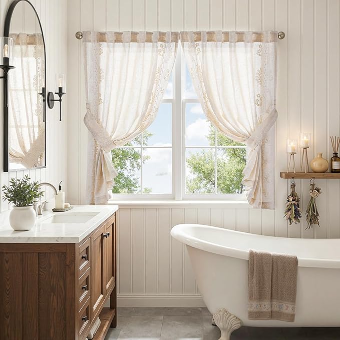jinchan Belrose Linen Floral Cafe Curtains 45 Inch Length Embroidered Farmhouse Curtains for Kitchen Bedroom Bathroom Small Windows Curtain Set Light Filtering 2 Panels Ivory