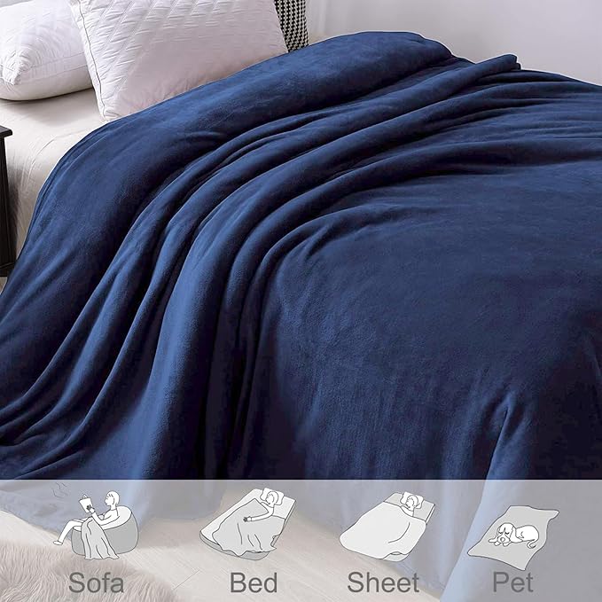 Exclusivo Mezcla Fleece Blankets Queen Size for Bed, Super Soft and Warm, All Season, Cozy, Plush, Lightweight, 90x90 Inches, Navy Blue