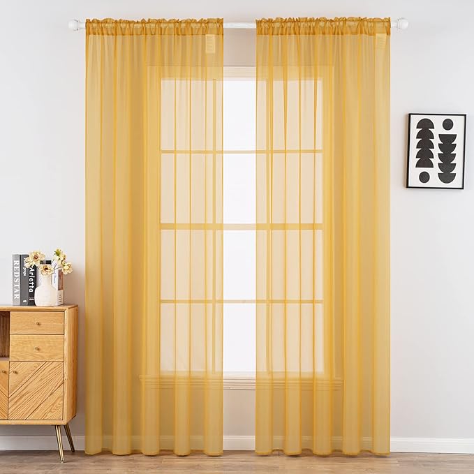 MIULEE 2 Panels Solid Color Sheer Window Curtains Elegant Window Voile Fall Panels/Drapes/Treatment for Bedroom Living Room (54X90 Inches Gold)