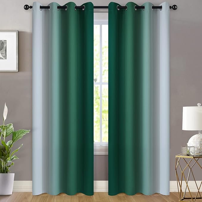 Yakamok Dark Green Ombre Curtains 84 Inches Long, Light Blocking Gradient Color Curtain Panels, Room Darkening Grommet Window Drapes for Bedroom(52x84 Inch, 2 Panels)