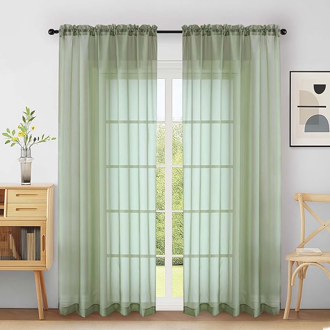 Extra Wide Sage Green Sheer Curtains 90 Inches Long 2 Panels, Light Filtering Lightweight Solid Sheer Curtains for Living Room, Window Voile Sheer Drapes, Dual Rod Pocket, 2x59Wx90L Inches