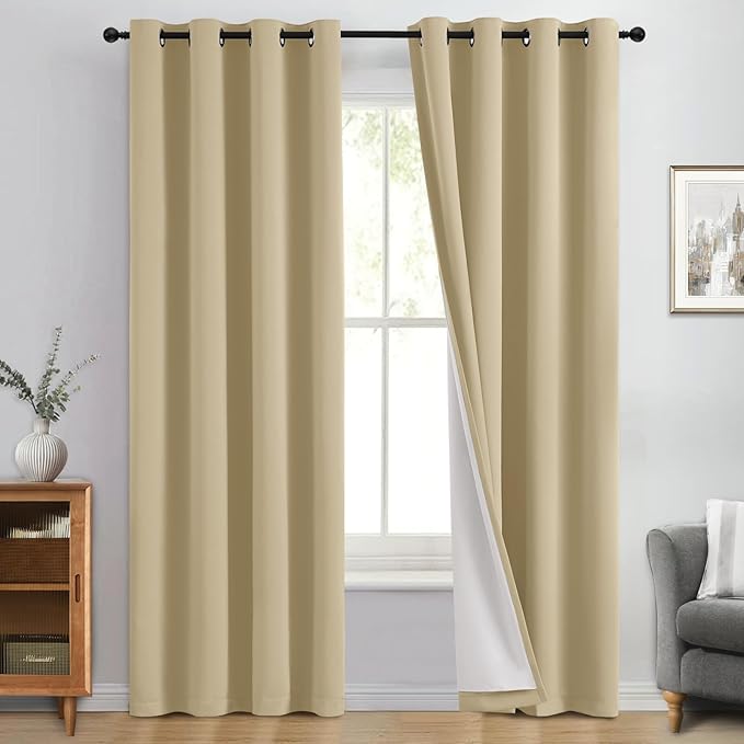 Yakamok 100% Blackout Curtain Panels 96 inches Cold and Light Blocking Drapes for Nursery, 2 Thick Layers Thermal Insulated Draperies (2 Pieces, 50 Wide Each Panel, Beige Front with White Backing)
