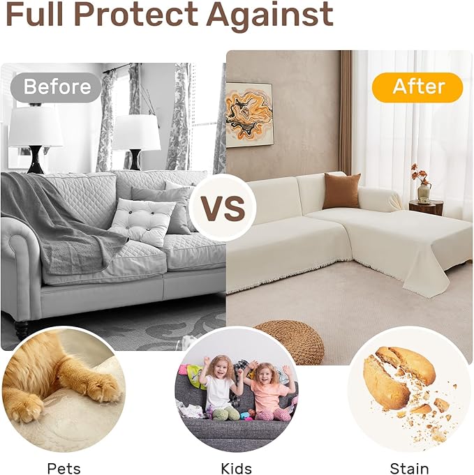 Sectional Couch Covers, 2 Pieces Washable L Shaped Couch Covers Sofa Blanket for Dogs Pet Friendly Sectional Sofa Slipcovers Furniture Covers,71"x 102"+ 71"x 110",(Large,Cream White)