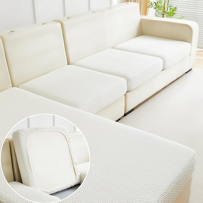 Sofa Covers Couch Covers for Sofa Pet Friendly Couch Cushion Covers Universal Sofa Covers Washable Stretch Slipcovers for Sectional Sofa (Texture Ivory White,Chaise Cover)