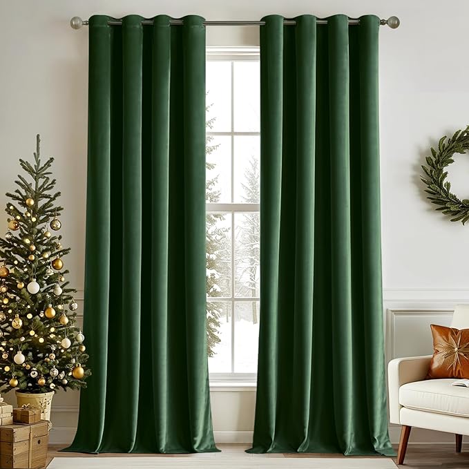 MIULEE Christmas Velvet Curtains Emerald Green Elegant Grommet Thermal Insulated Soundproof Room Darkening Black Out Curtains/Drapes for Classical Living Room Bedroom Decor 52 x 108 Inch Set of 2