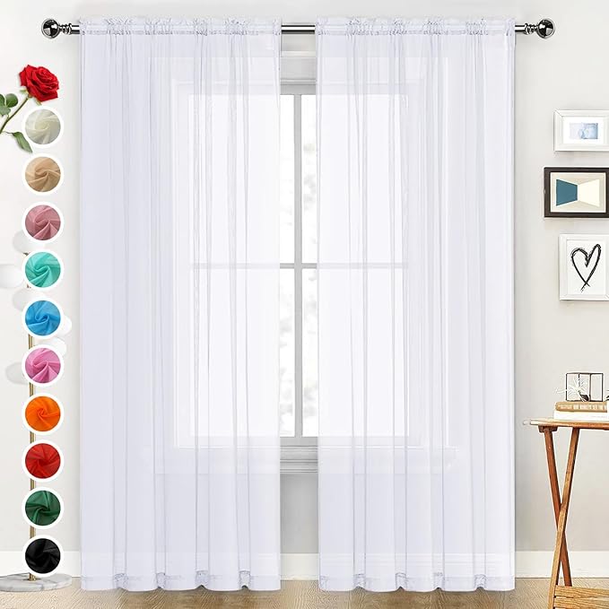 SpaceDresser Sheer Window Treatment Rod Pocket Curtain Panels for Kitchen Bedroom Living Room Drapes Sunlight Filtering Privacy Semi Home Decor Assorted Colors Sizes (Optical White, 52 W x 108 L)