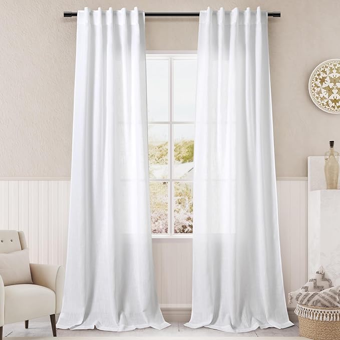 White Linen Curtains 84 Inches Long for Bedroom Back Tab Light Filtering Privacy Sheer Curtains Modern Farmhouse Coastal Decor White Cotton Textured Gauze Curtain for Living Room 2 Panel Set 36x84