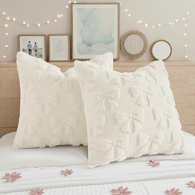 decorUhome Cream White Bow Pillow Covers Set of 2 Coquette Aesthetic Cute Preppy Plush Faux Pillowcases for Girly Bedroom or Couch 18x18 Inch