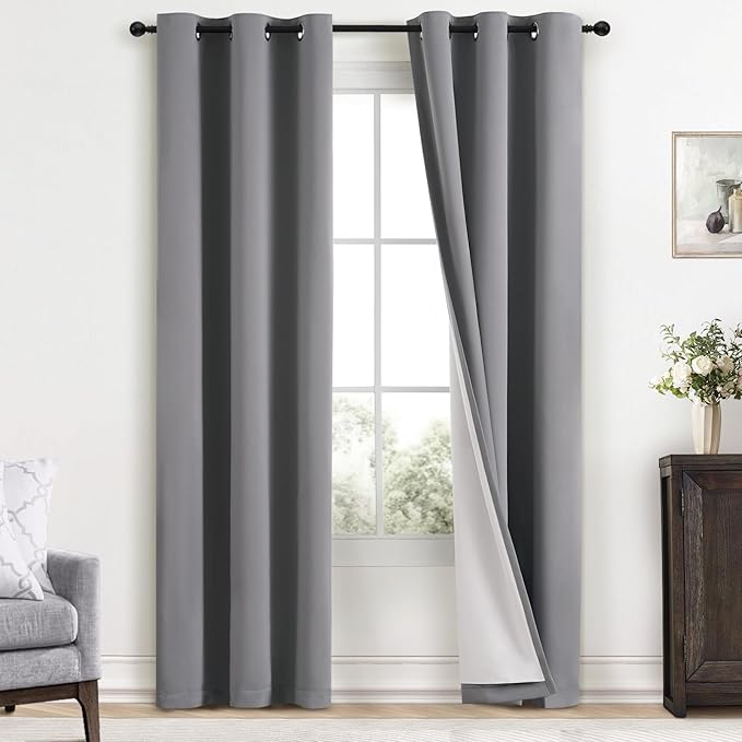Yakamok Grey Room Darkening 100% Blackout Curtains Grommet Window Treatments with 2 Thick Layers-Gray Thermal Insulated Drapes Set of 2 Panels for Bedroom Living Room 38 Inches by 84 Inches Length