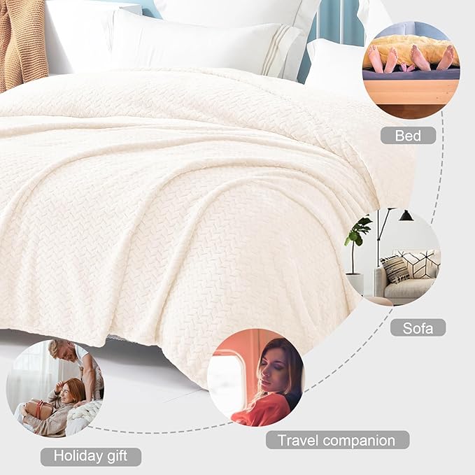 Exclusivo Mezcla Fleece Twin Size Blanket for Bed, 60x80 Inches Soft Cozy Jacquard Flannel Blankets, Lightweight Fuzzy Plush Warm for Women, Off White