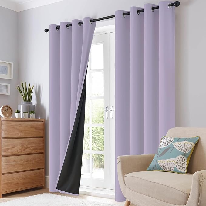 SimpleHome 100% Blackout Curtains for Bedroom,Thermal Insulated Lilac Grommet Window Drapes Room Darkening Curtains for Living Room with Black Back,42 x 45 Inch,2 Panels