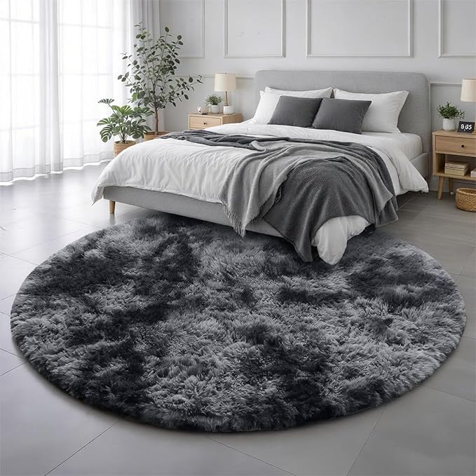 Amdrebio Tie-Dyed Dark Grey Round Area Rug 5Ft for Living Room Bedroom, Soft Furry Shaggy Circle Rugs for Classroom Playroom Dorm, Modern Cool Shag Fluffy Fuzzy Circular Carpet for Men Kids Teen Boys