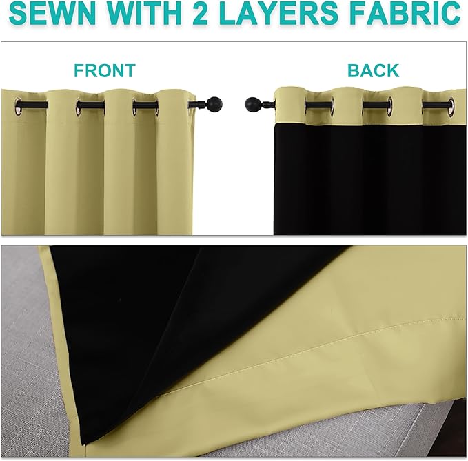 NICETOWN 100% Blackout Curtains with Black Liners, Thermal Insulated Full Blackout 2-Layer Lined Drapes, Energy Efficiency Window Draperies for Bedroom (Paler Yellow, 2 Panels, 52-inch W by 63-inch L)