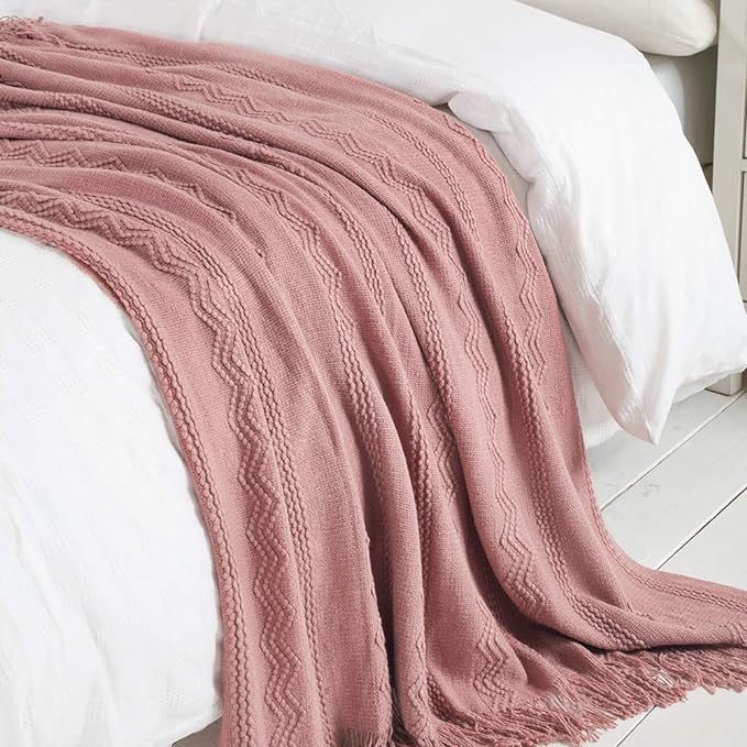 BOURINA Coral Pink Throw Blanket 50 x90 Inches Textured Solid Soft Sofa Throw Bed Runner Knitted Decorative Blanket