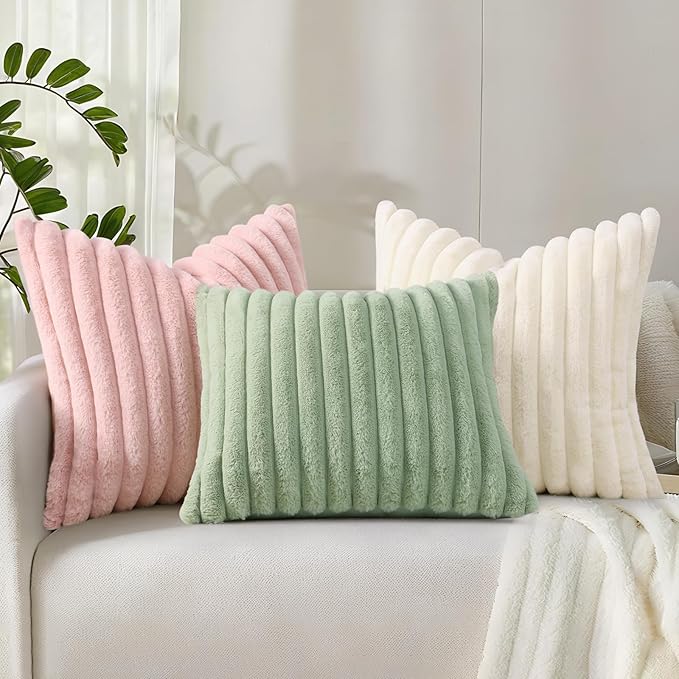 decorUhome Summer Cozy Faux Fur Throw Pillow Covers 20x20 Set of 2 Decorative Soft Plush Striped Modern Farmhouse Boho Couch Pillow Cases with Velvet Back for Sofa Bed Living Room, Sage Green