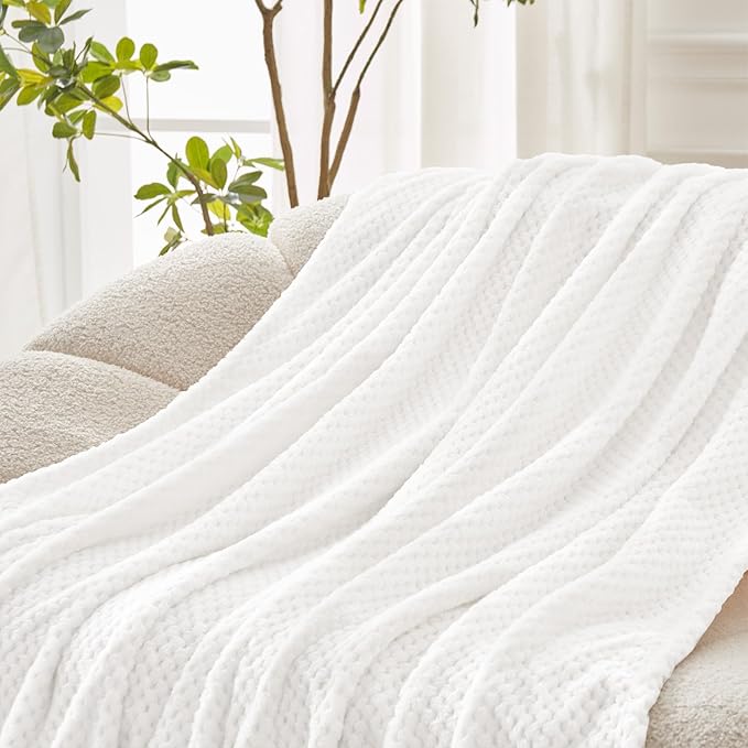 Exclusivo Mezcla Fleece Bed Blanket Queen Size, Super Soft and Warm Blankets for Couch, Sofa and Bed Waffle Textured, Cozy, Fuzzy and Lightweight (Pure White, 90x90 Inches)
