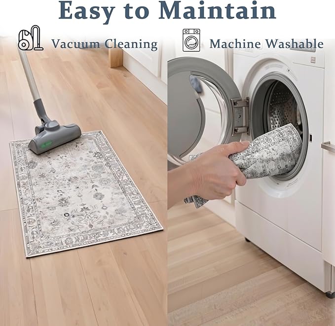 Area Rugs 24x17 Inch Home Decor Entry Rug, Small Door Mat Bath Mats for Bathroom, Ultra-Thin Non Slip Floral Low Pile Tub Mat for Sink Shower Doorway Tub Kitchen Sink(2 x 1.4 ft, Grey)