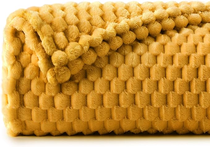 BEDELITE Fleece Blanket - 3D Jacquard Decorative Mustard Yellow Throw Blankets for Couch & Bed, Soft and Cozy Warm Plush Fluffy Blanket All Seasons Suitable, 50x60Inches