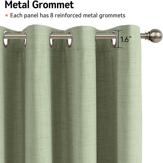 100% Blackout Shield Linen Blackout Curtains for Bedroom, Sage Green Grommet Curtains for Living Room, Thermal Insulated Room Darkening Drapes for Nursery, Boho Home Decor, 50" W x 72" L, 2 Panels