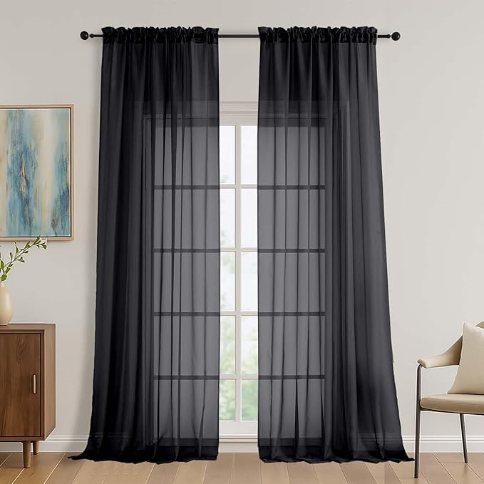 OVZME Black Bedroom Curtains 96 Length for Farmhouse, 59 Inch Extra Wide Light Filtering Voile Drapes Light Airy Window Decor for Patio Door Living Room Bedroom Dining, 59Wx96L Inches