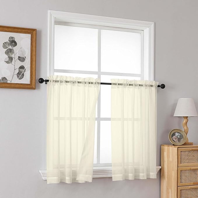 Cream Small Sheer Curtains 2 Panels Set, Kitchen Curtains 36 Inch Length, Elegant Light Filtering Short Window Drapes for Living Room Bedroom, Dual Rod Pocket Design, 2x42Wx36L Inches