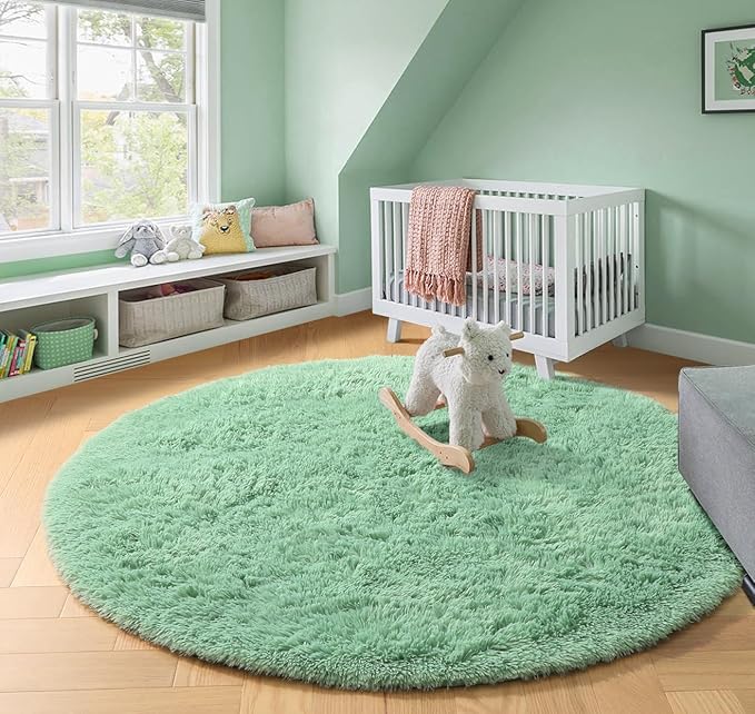 Amdrebio Sage Green Round Rugs 5Ft for Bedroom, Fluffy Furry Circle Rug for Nursery, Baby Kids Room Decor, Cute Shaggy Area Rugs for Preppy Dorm, Teen Girls Boys, Fuzzy Indoor Light Mint Green Carpet